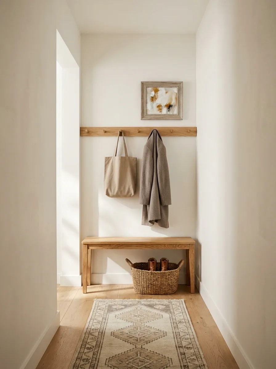 Warm White Entryway With a Narrow Oak Bench and Peg Rail