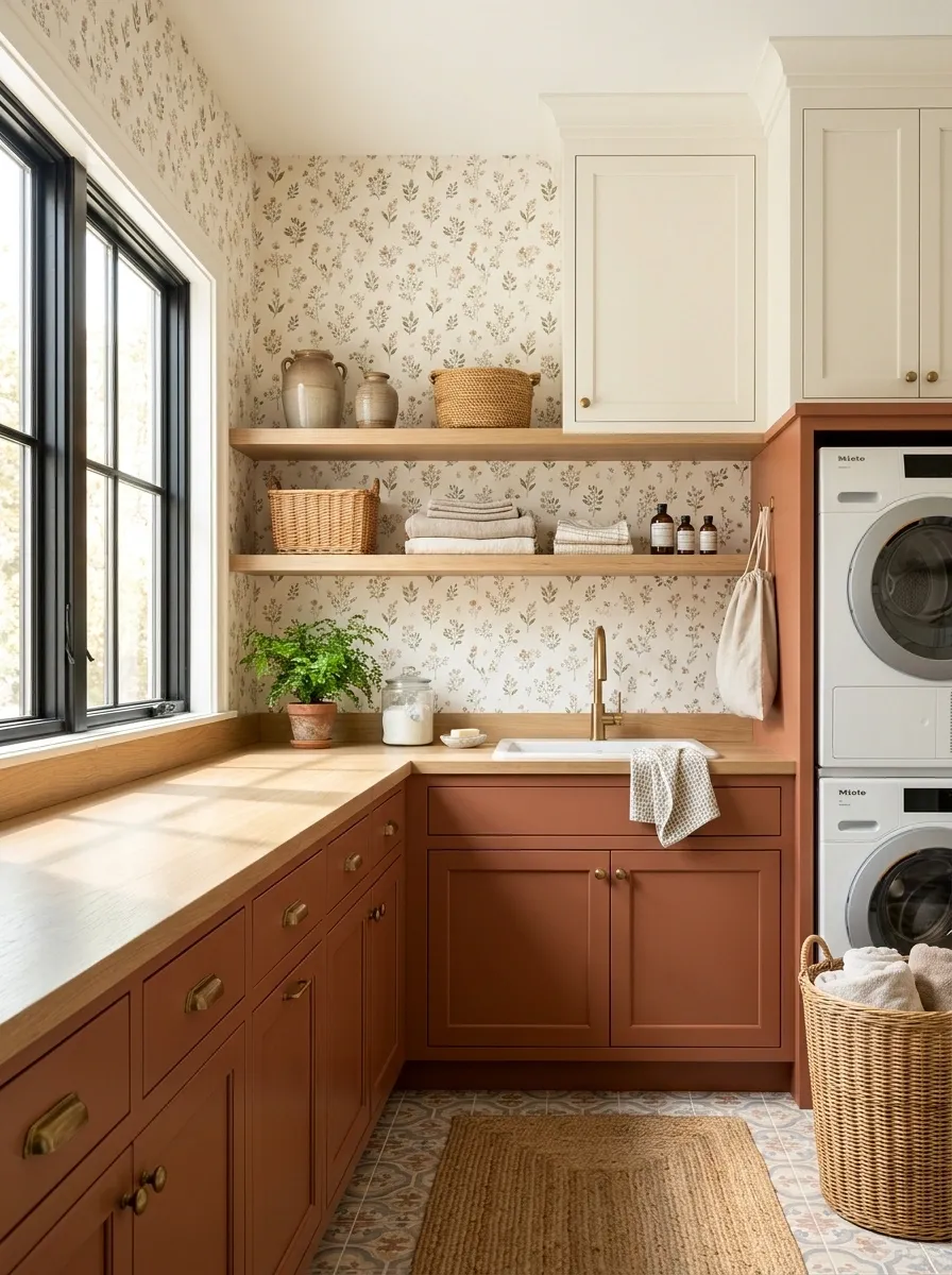 Warm White Floral Wallpaper With Terracotta Cabinet Base