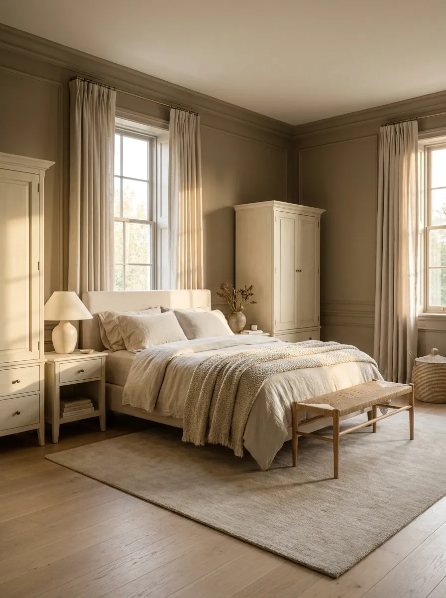 Warm White Furniture In A Layered Neutral Bedroom