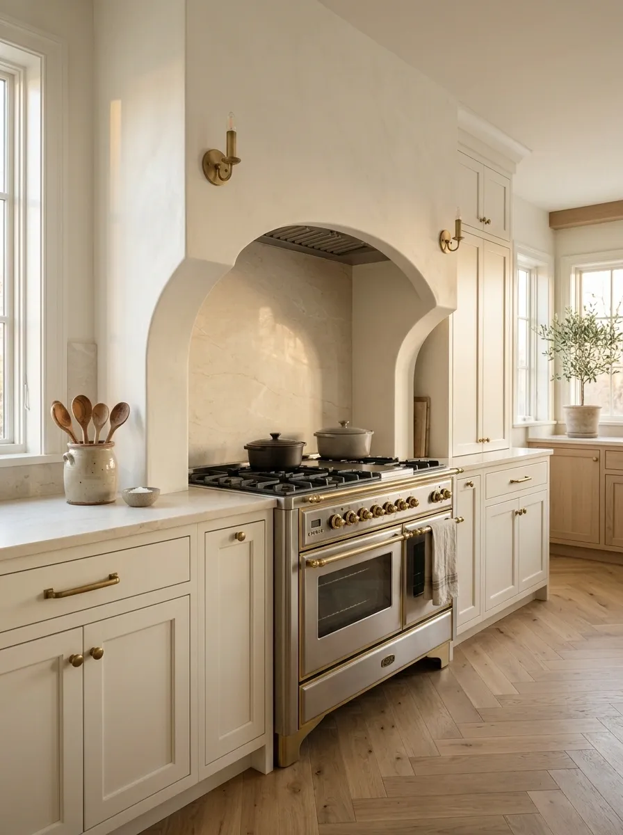 Warm White Kitchen With Arched Range Hood and Cream Stone Backsplash