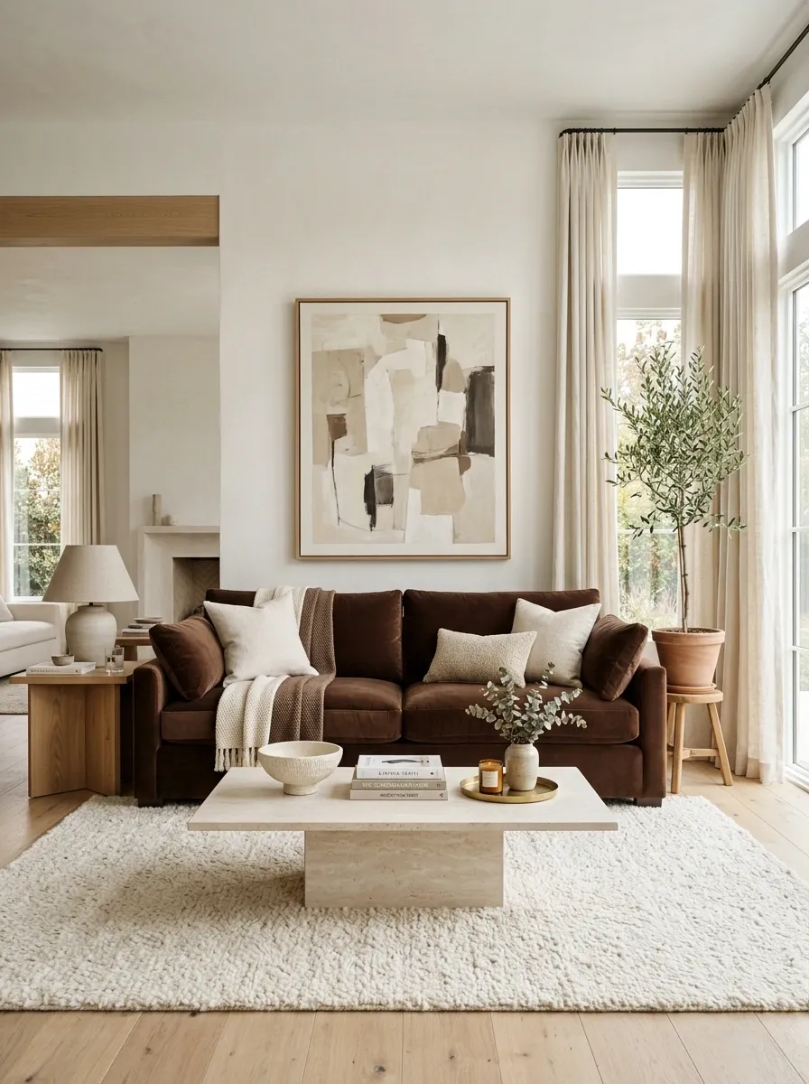 Warm White Living Room With a Chocolate Brown Sofa and Stone Coffee Table