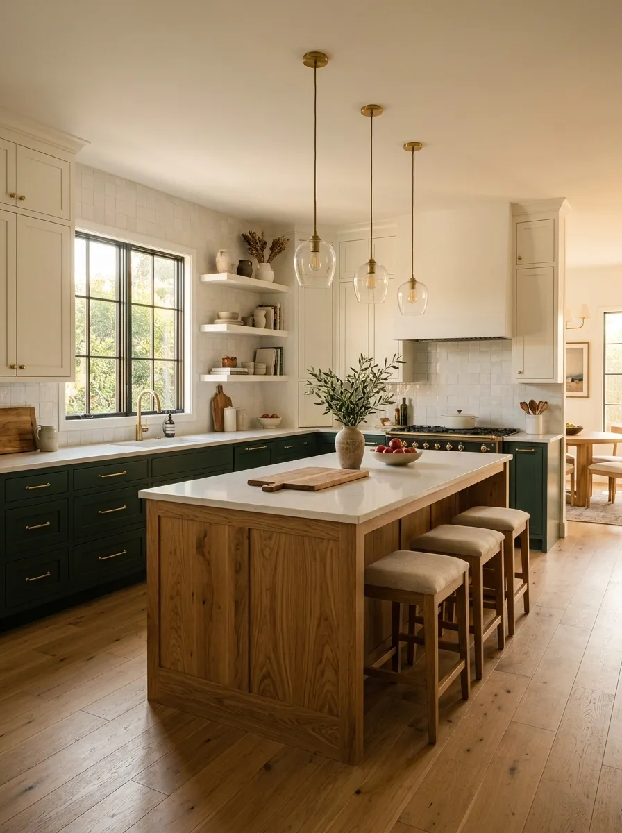 Warm White, Natural Oak, and Forest Green Kitchen