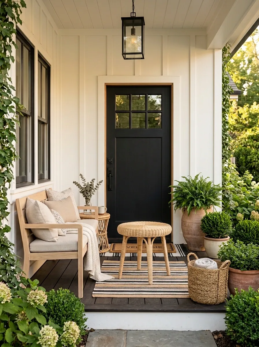 Warm White Porch With Black Door and Natural Greenery