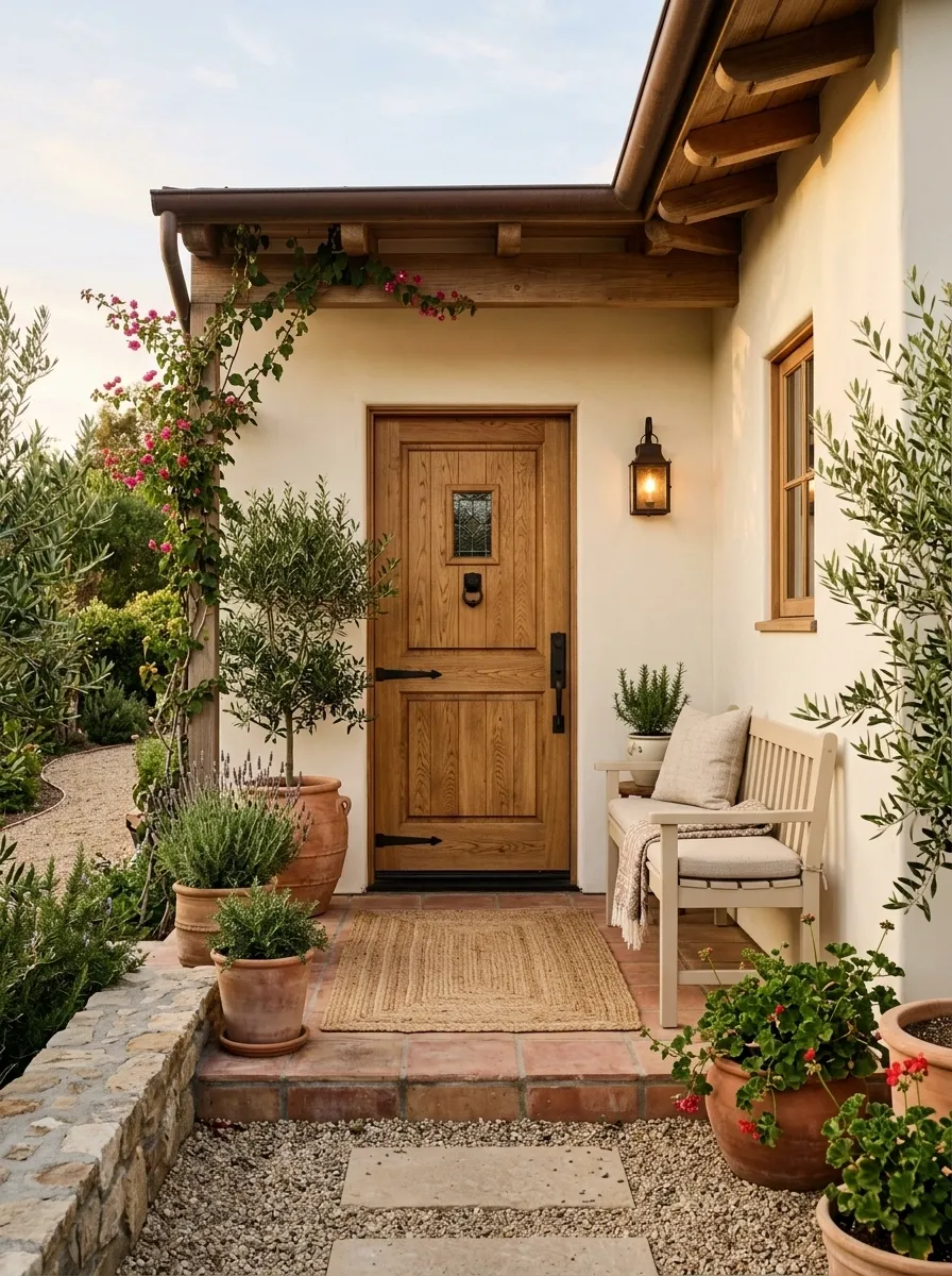 Warm White Porch With Natural Wood and Terracotta