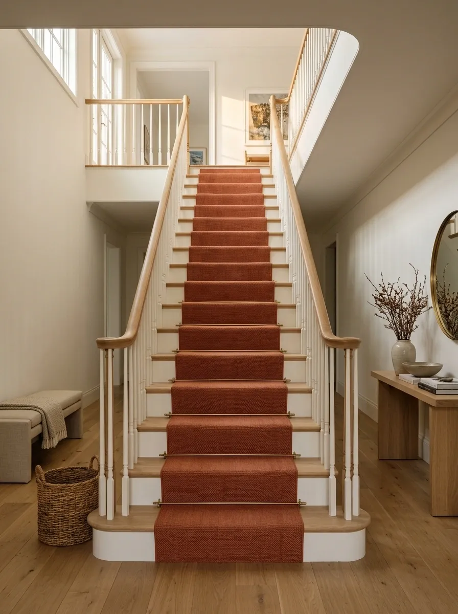 Warm White Staircase With Terracotta Runner and Natural Oak