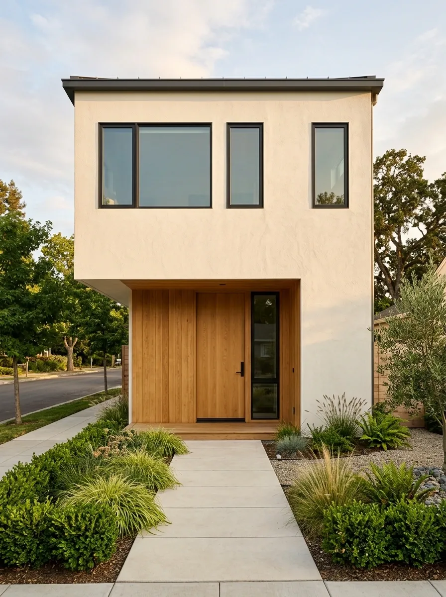 Warm White Stucco House With Recessed Oak Entry