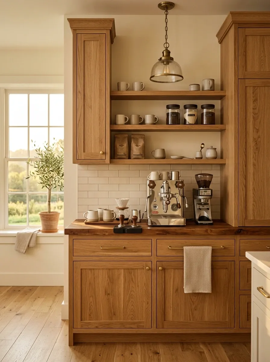 Warm Wood Coffee Bar With Cream Subway Tile