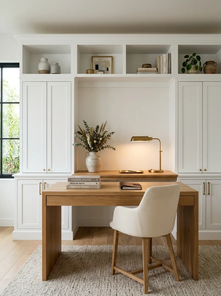 White and Oak Office With a Clean Built-In Storage Wall