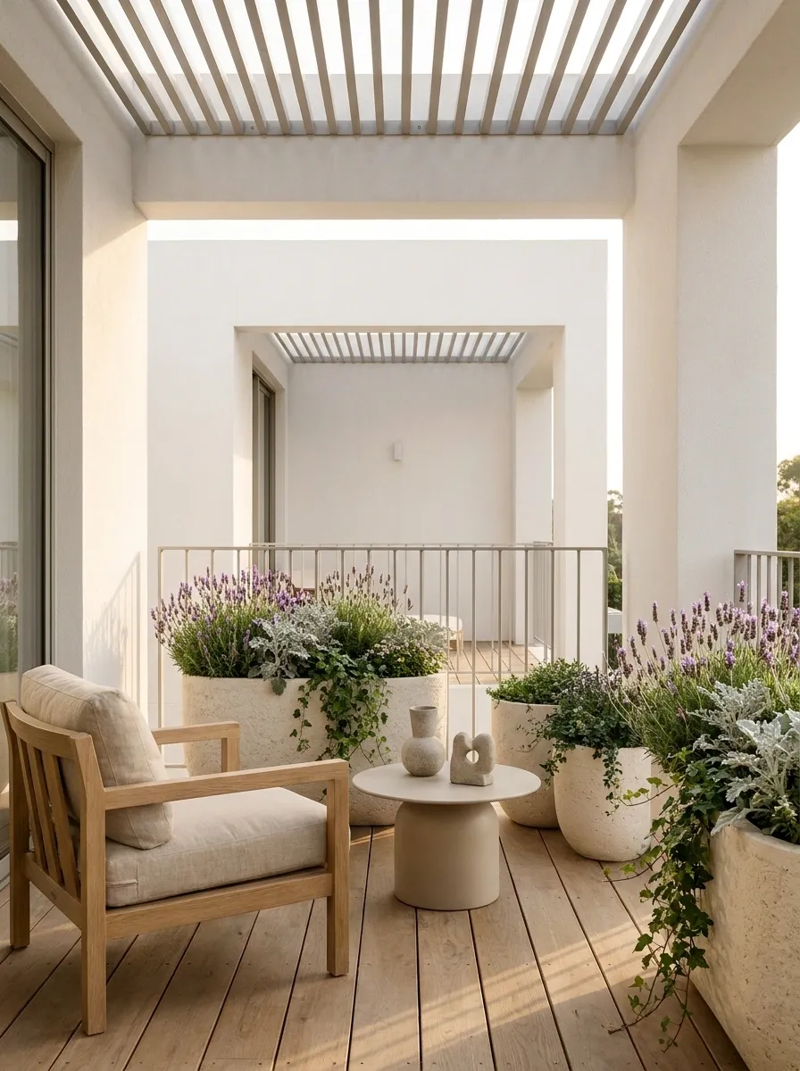 White Balcony With Lavender and Pale Stone Planters