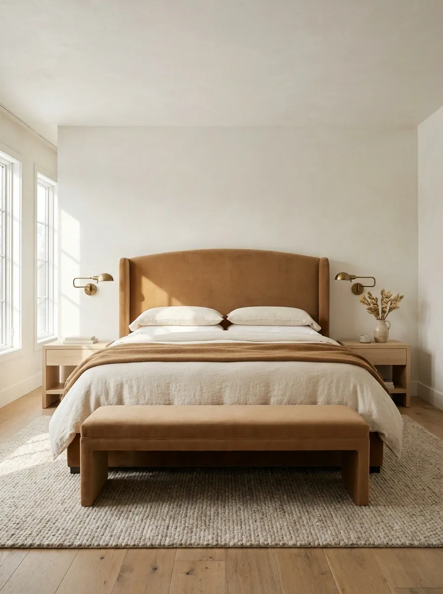 White Bedroom With Caramel Upholstery and Cream Textiles