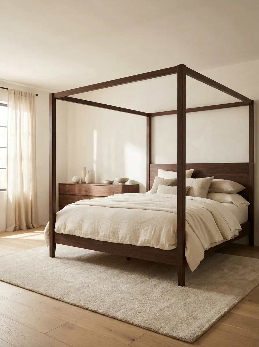 White Bedroom With Dark Wood Contrast and Soft Bedding