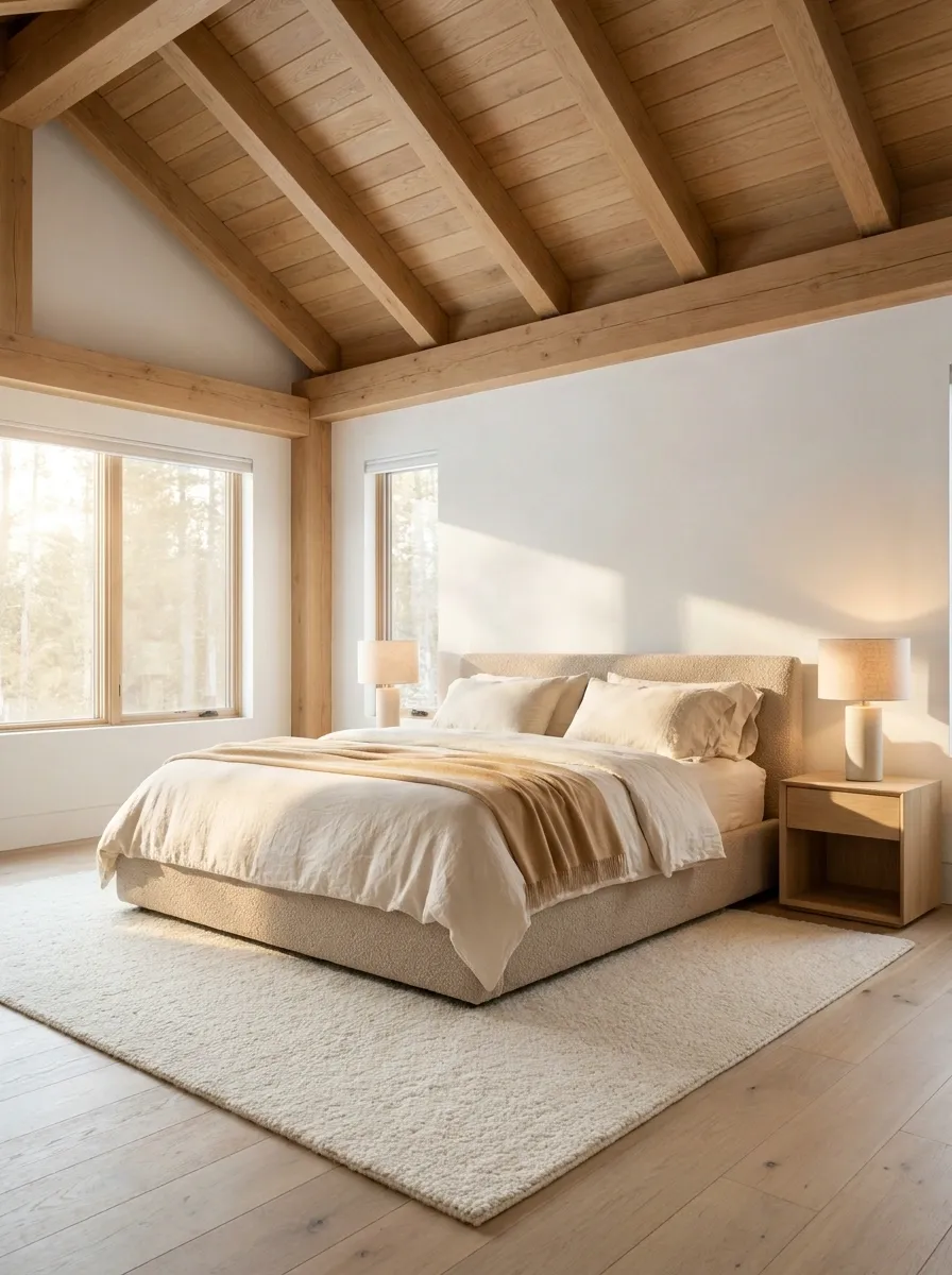 White Bedroom With Exposed Wood Ceiling Details