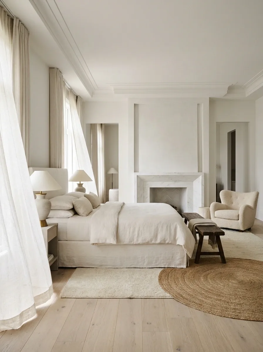 White Bedroom With Fireplace and Layered Seating
