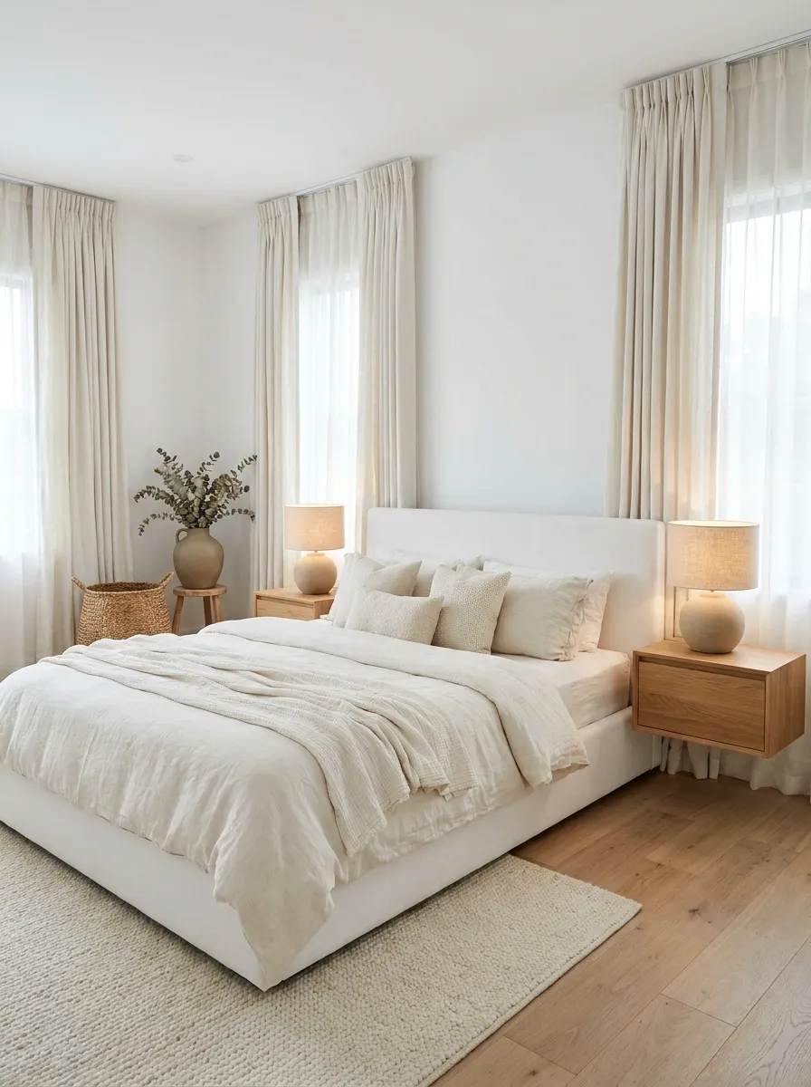 White Bedroom With Full-Length Linen Curtains