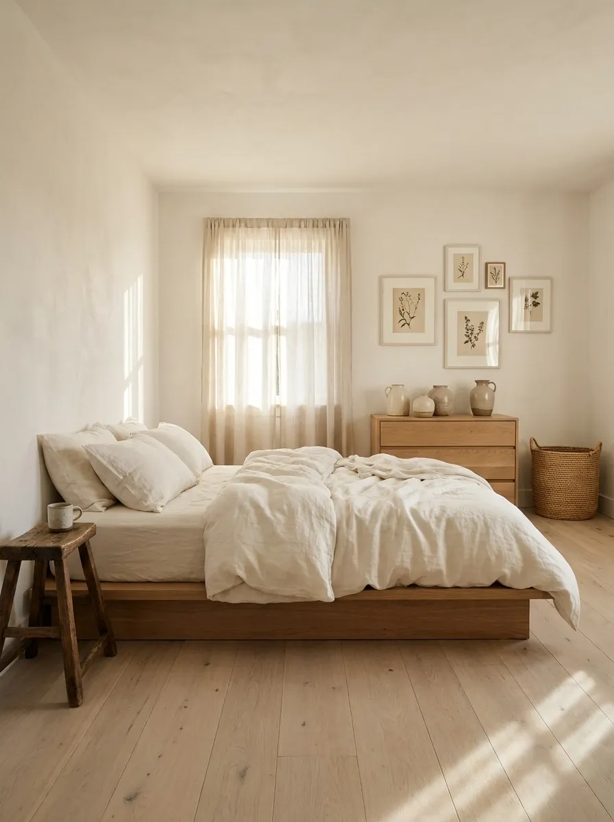 White Bedroom With Handmade Ceramic and Wood Styling