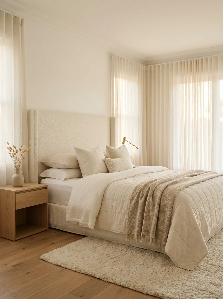 White Bedroom With Layered Cream-on-Cream Textiles