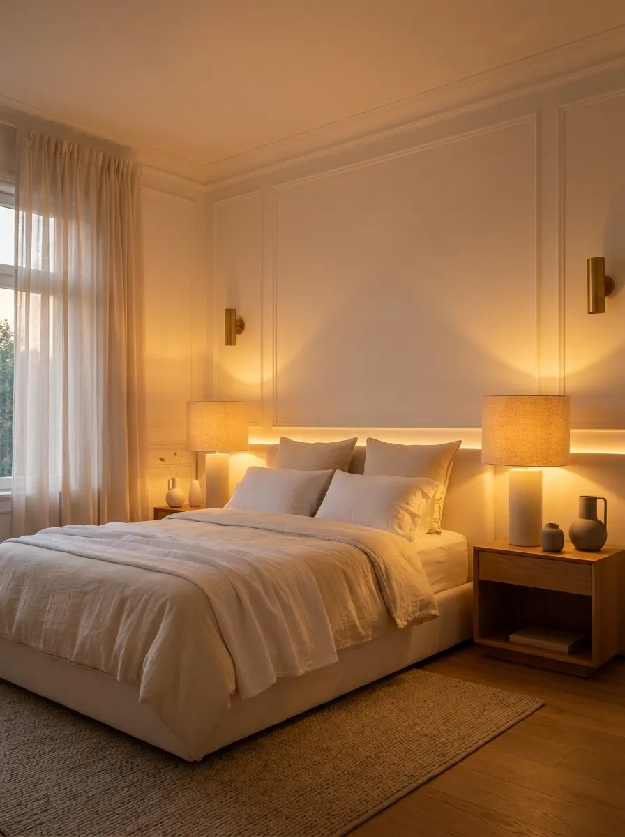 White Bedroom With Moody Evening Lighting