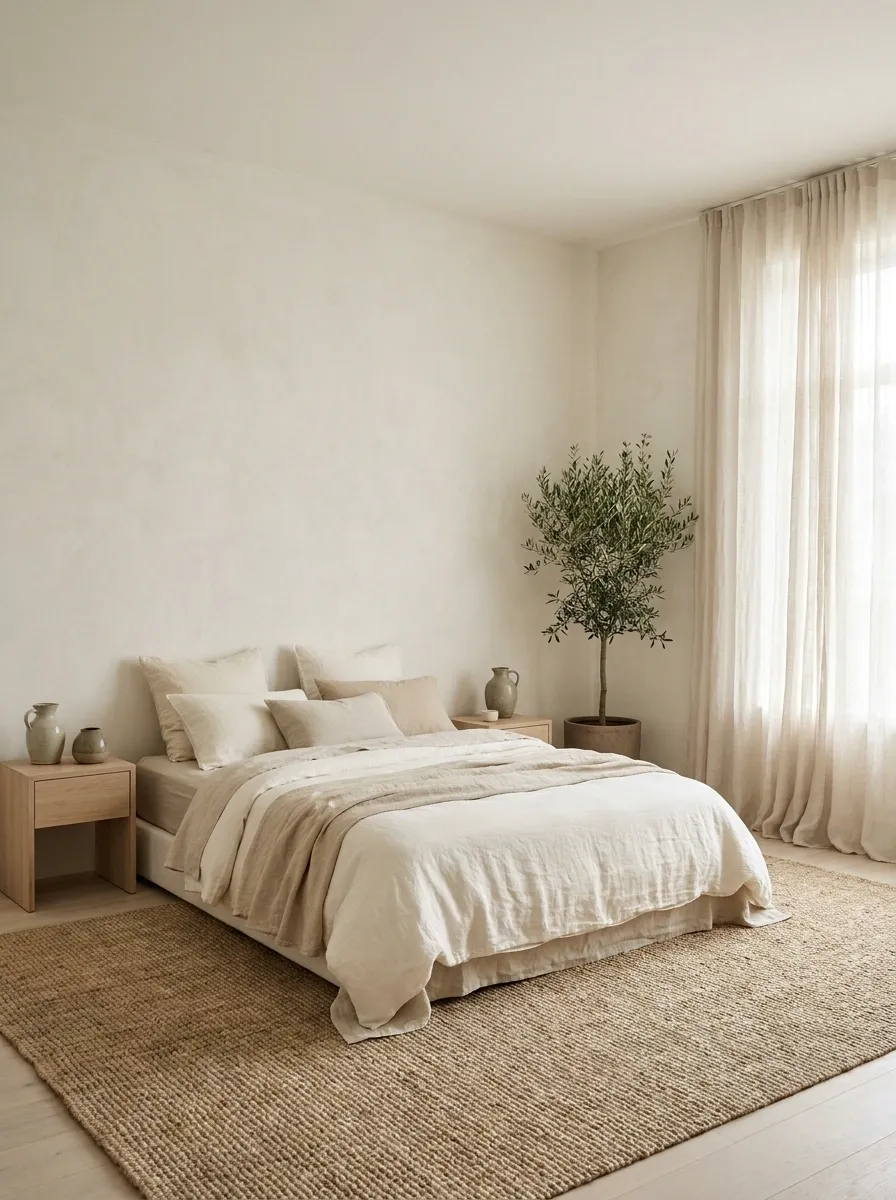 White Bedroom With Plaster-Like Walls and Layered Natural Textures