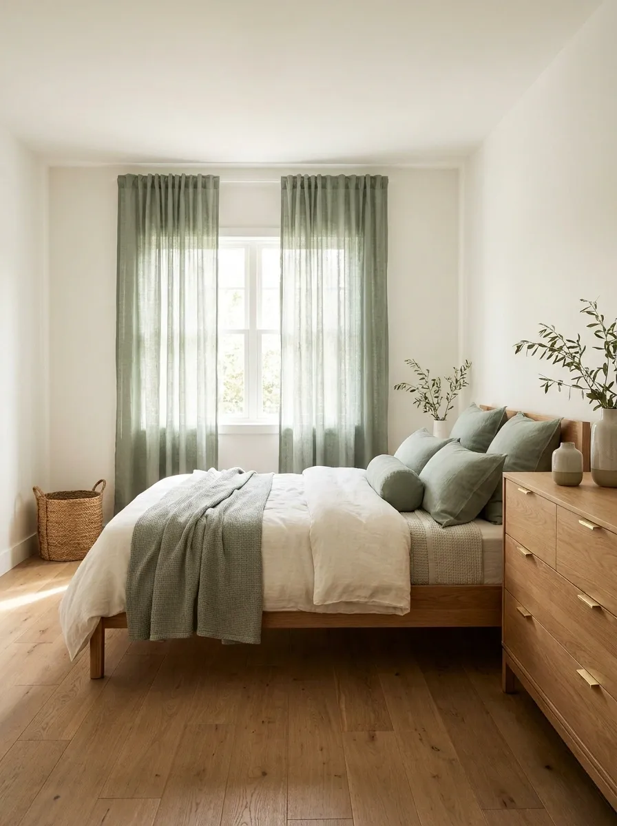 White Bedroom With Soft Green and Oak