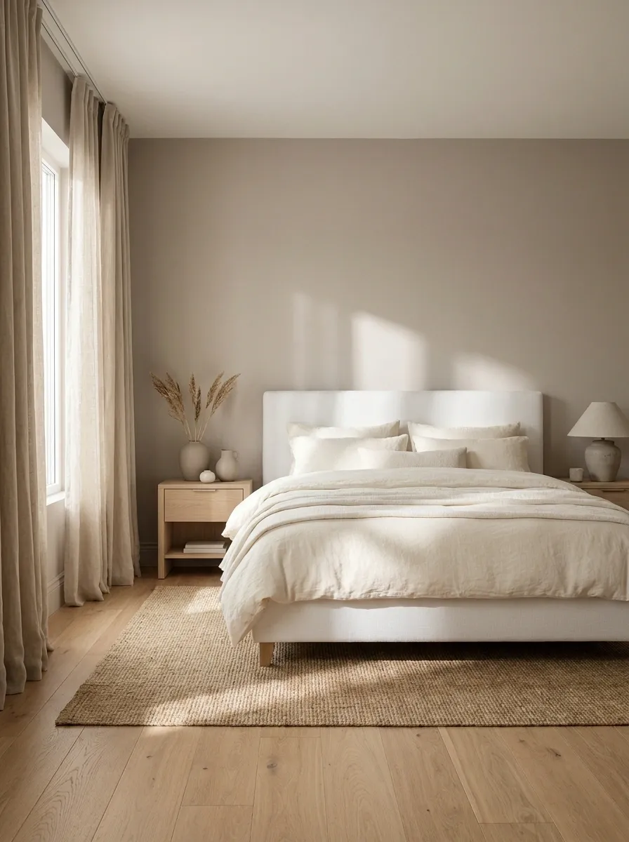White Bedroom With Soft Taupe Wall Treatment