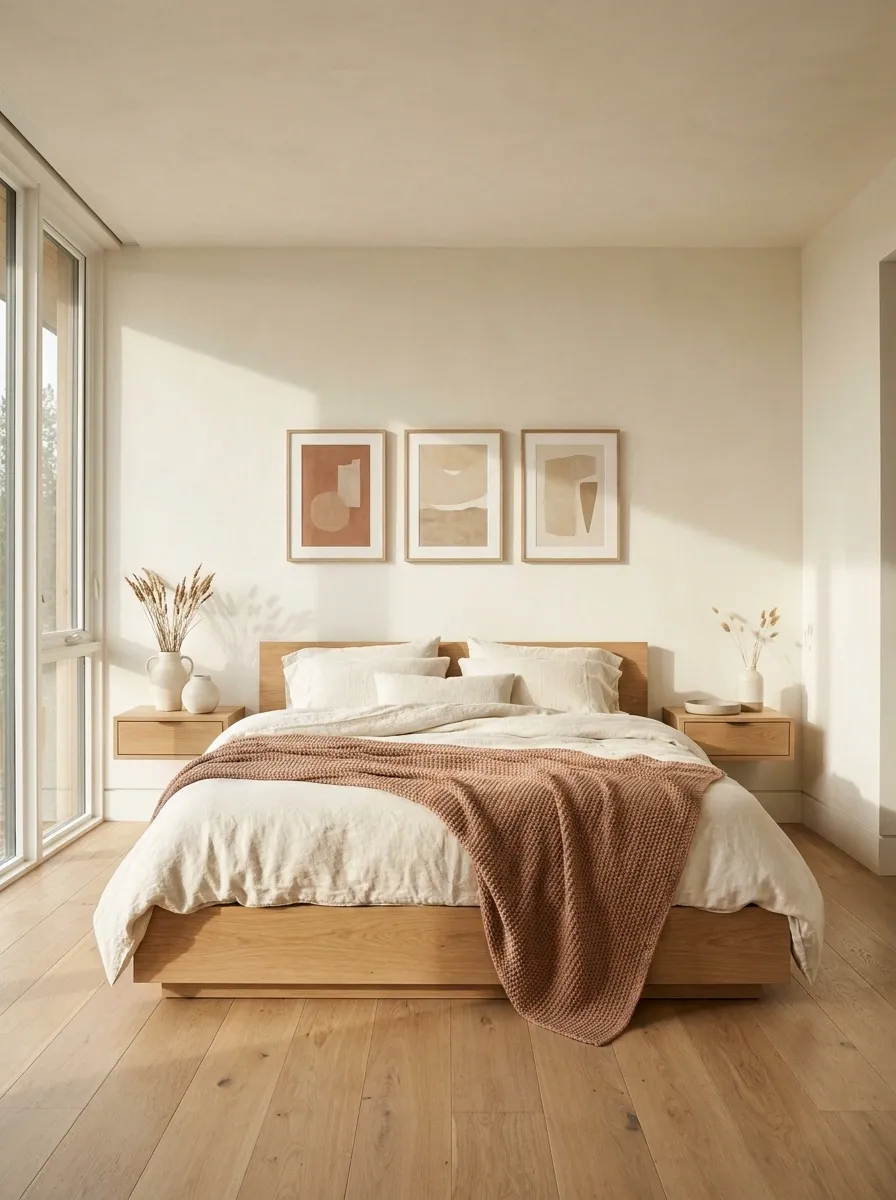 White Bedroom With Terracotta Accents and Natural Wood