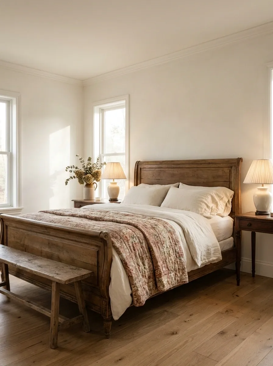White Bedroom With Vintage-Inspired Floral Textiles