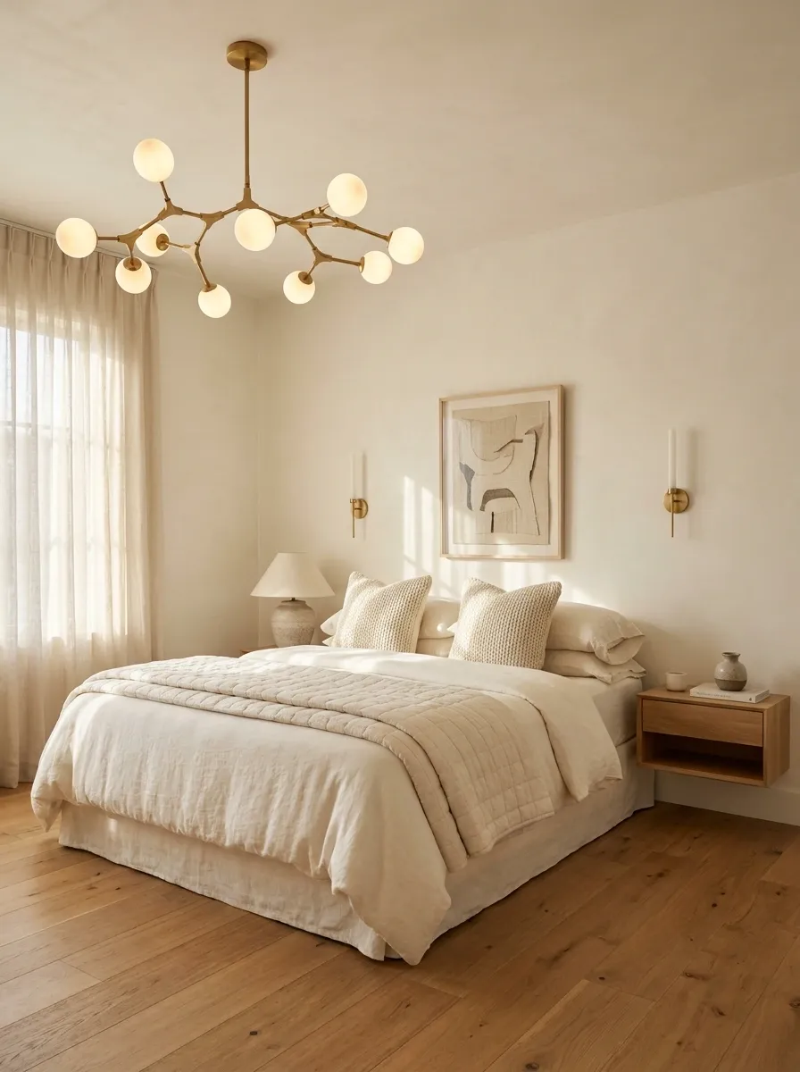 White Bedroom With Warm Brass and Statement Lighting