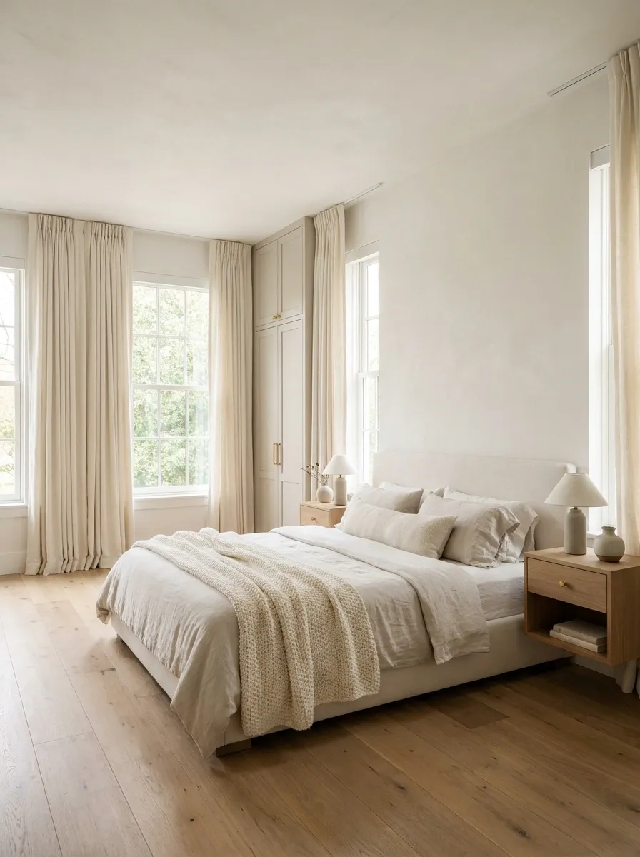 White Bedroom With Warm Greige Built-In Storage