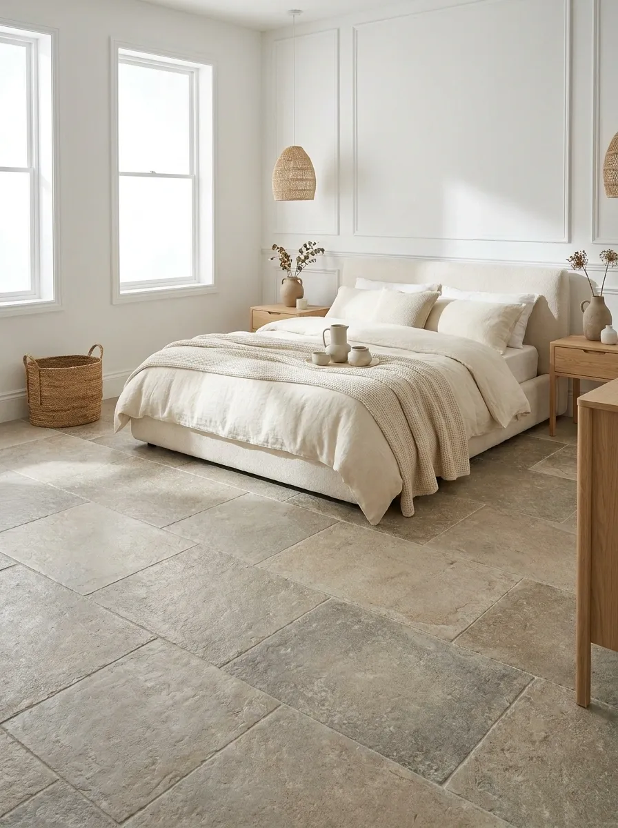 White Bedroom With Warm Stone-Inspired Flooring