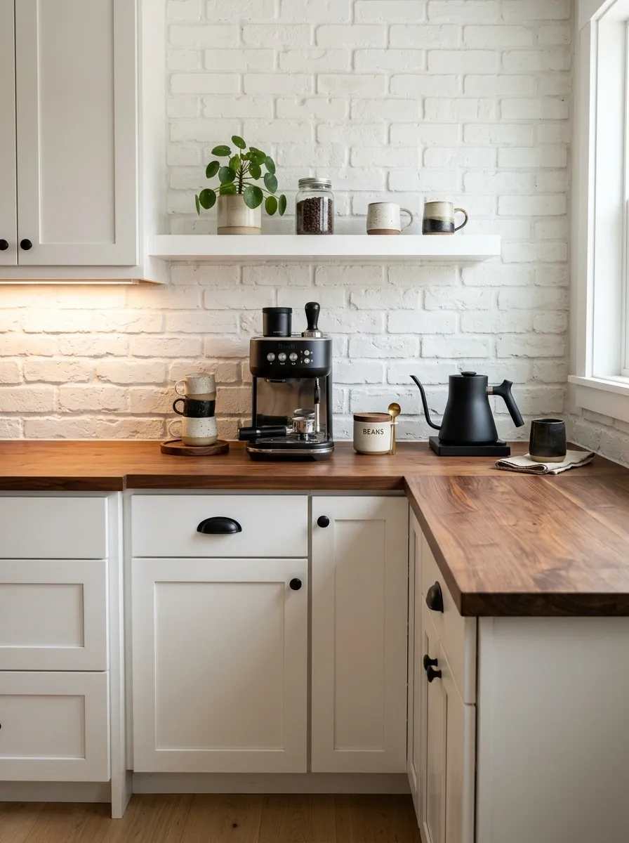 White Brick Farmhouse Coffee Bar With Walnut Counter
