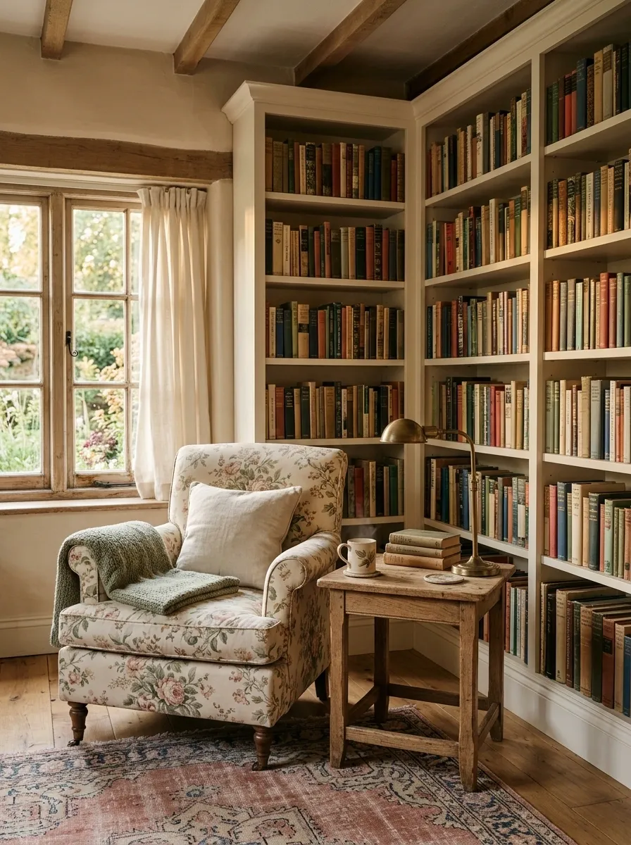 White Cottage Library With Painted Shelves and Floral Upholstery