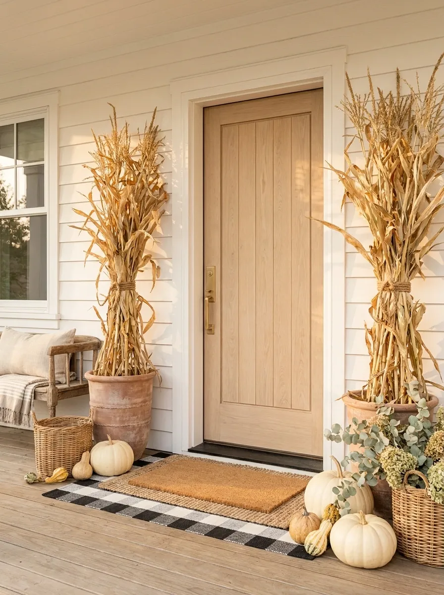 White Cottage Porch With Cream Pumpkins and Dried Corn