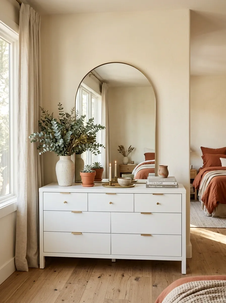 White Dresser With Oversized Arched Mirror and Terracotta Accents