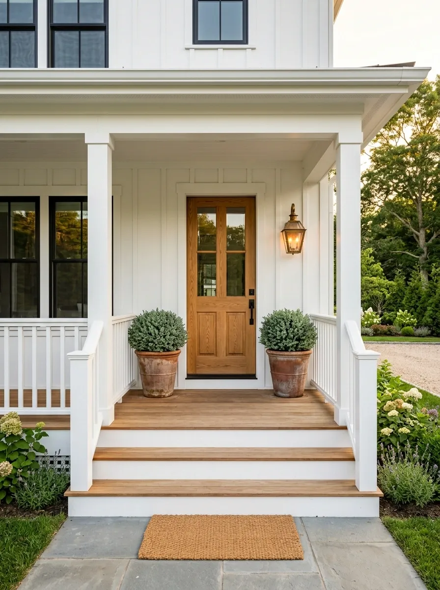 White Farmhouse Steps With a Natural Wood Door