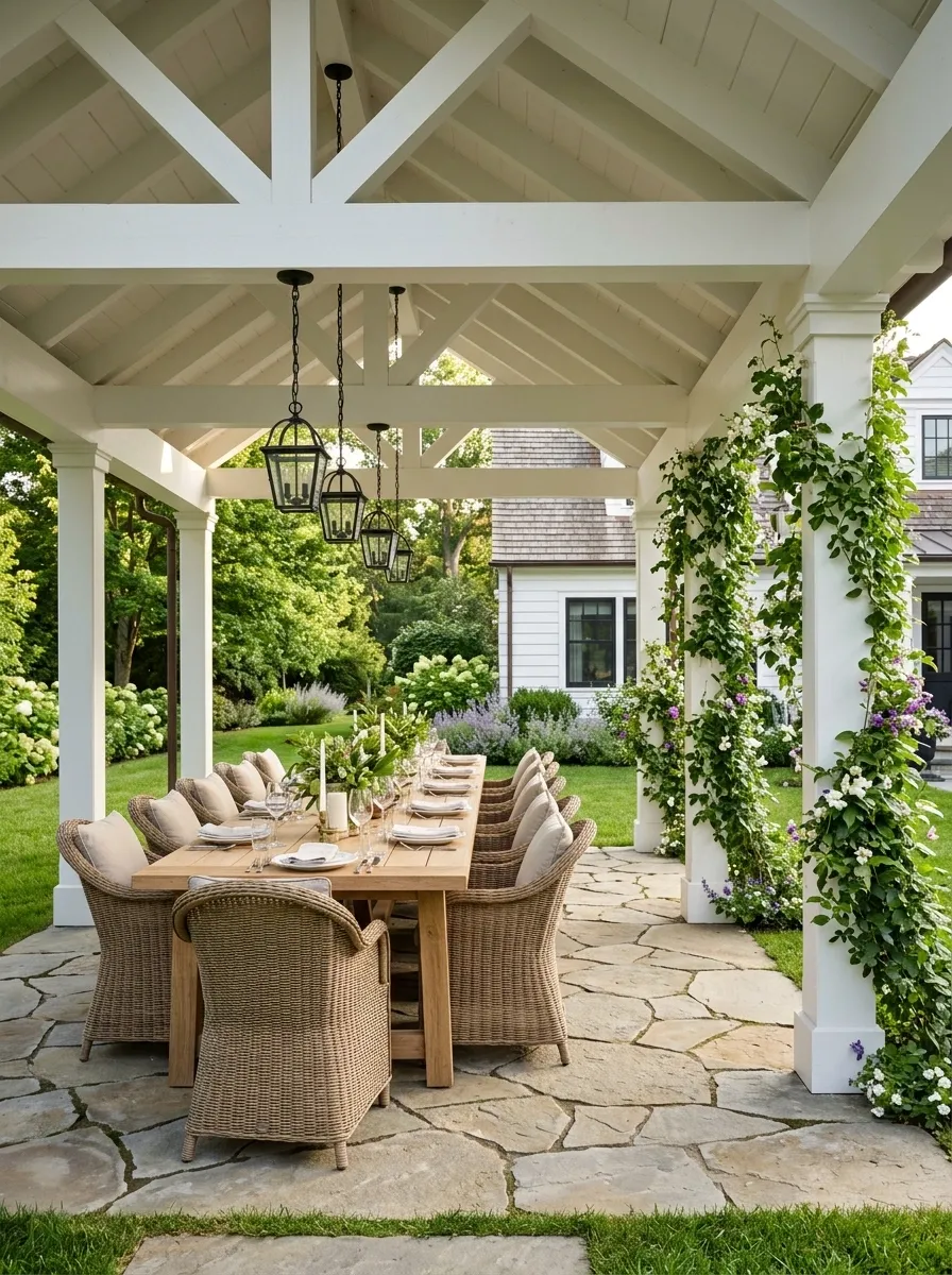 White Gabled Pergola With Classic Outdoor Dining