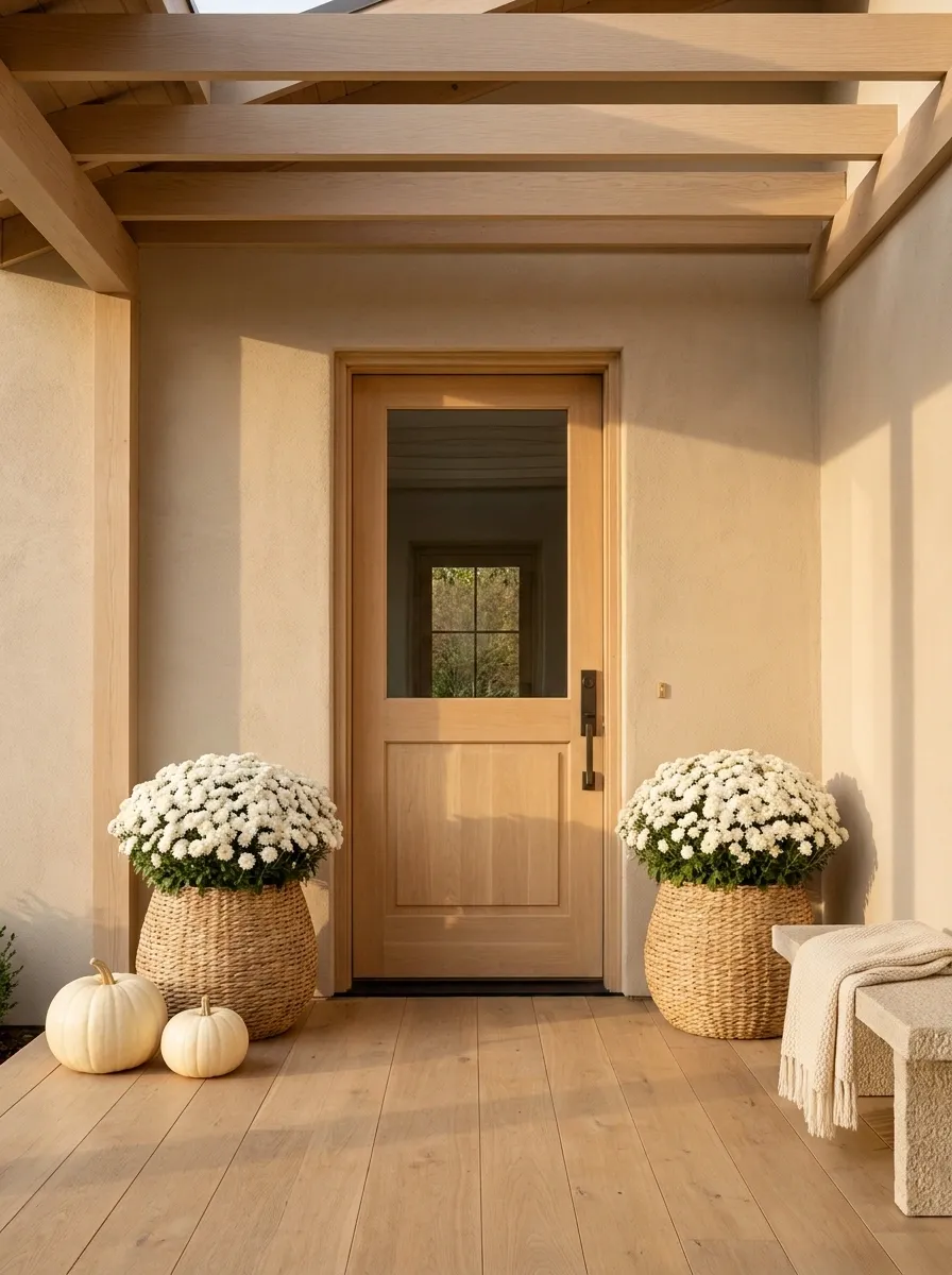 White Mums and Natural Wood on a Minimal Porch