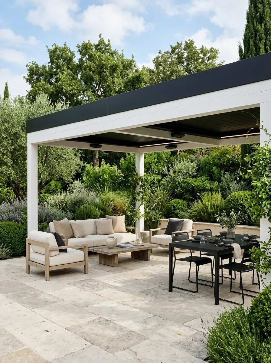 White Pergola With a Dark Roof Over a Garden Terrace