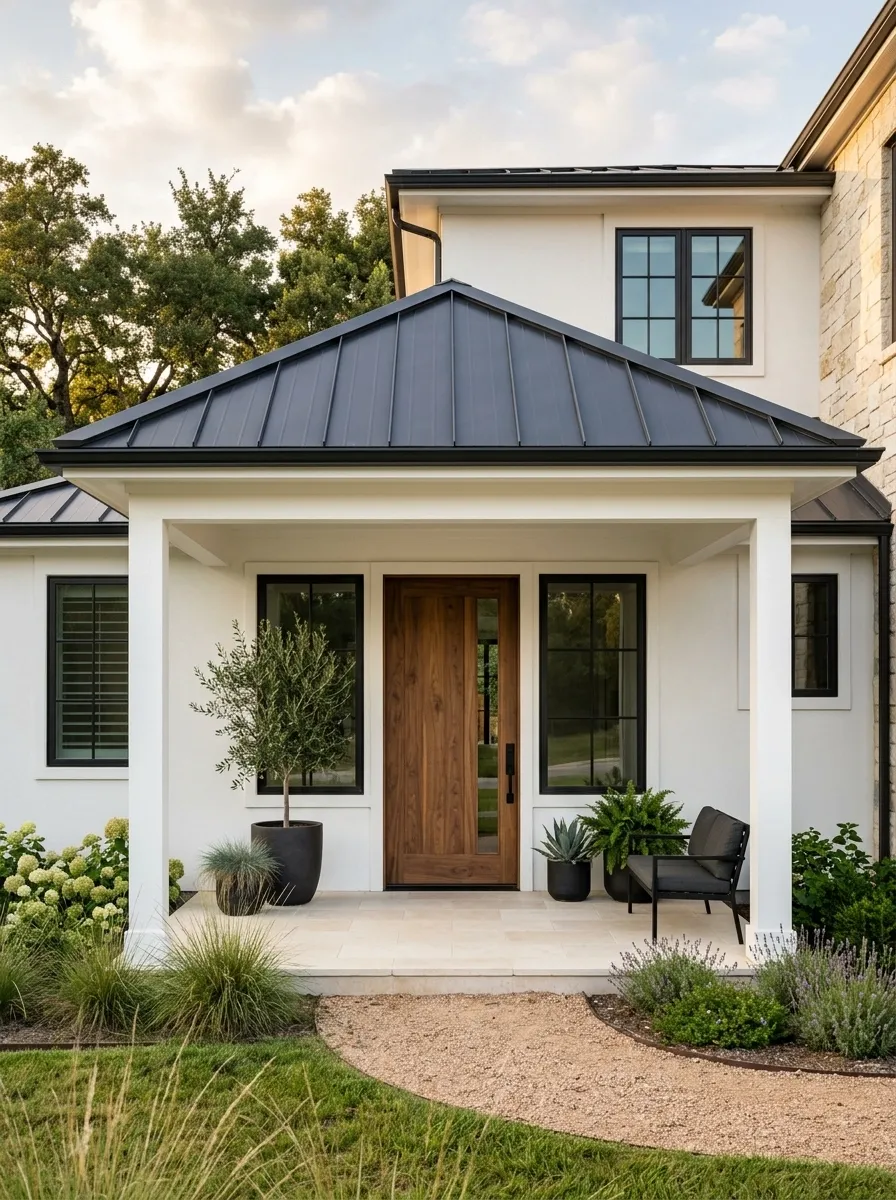 White Porch Structure With a Dramatic Dark Roof