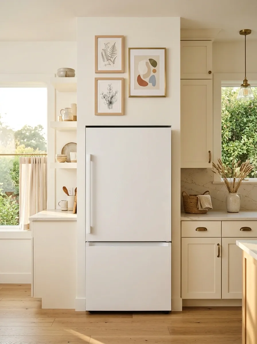 White Refrigerator With a Compact Three-Frame Art Cluster