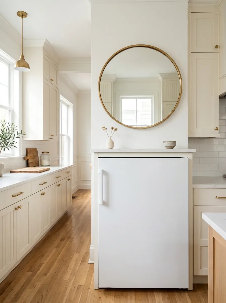 White Refrigerator With a Large Round Mirror