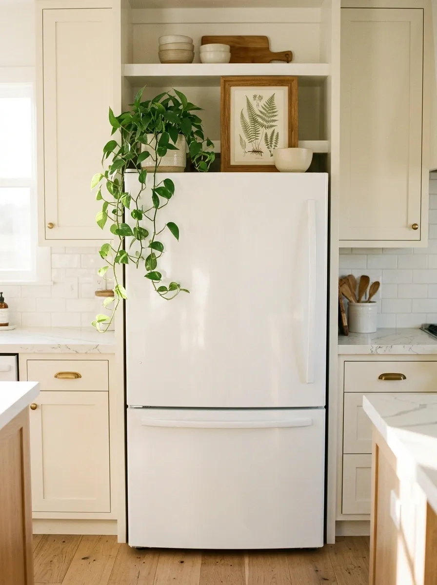 White Refrigerator With a Trailing Plant and Framed Print