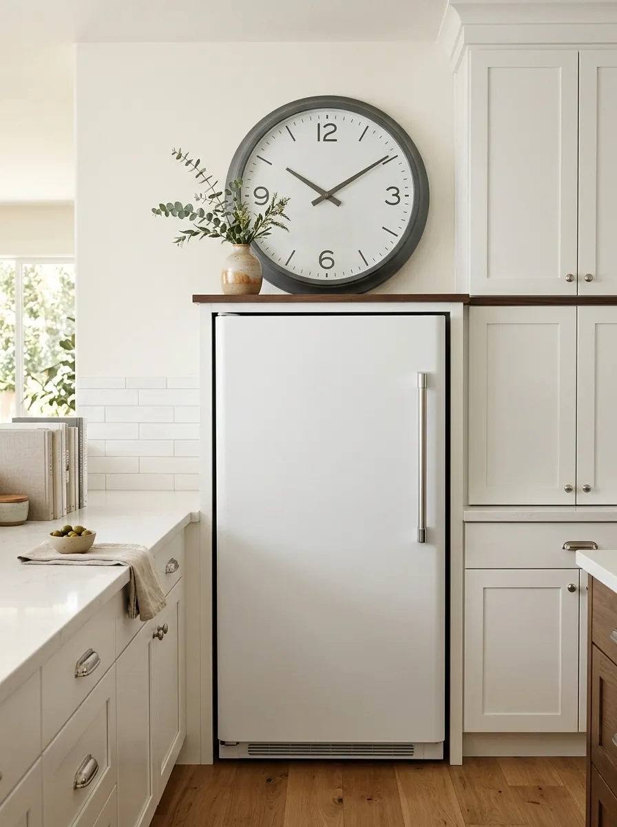 White Refrigerator With an Oversized Round Clock and Tiny Vase