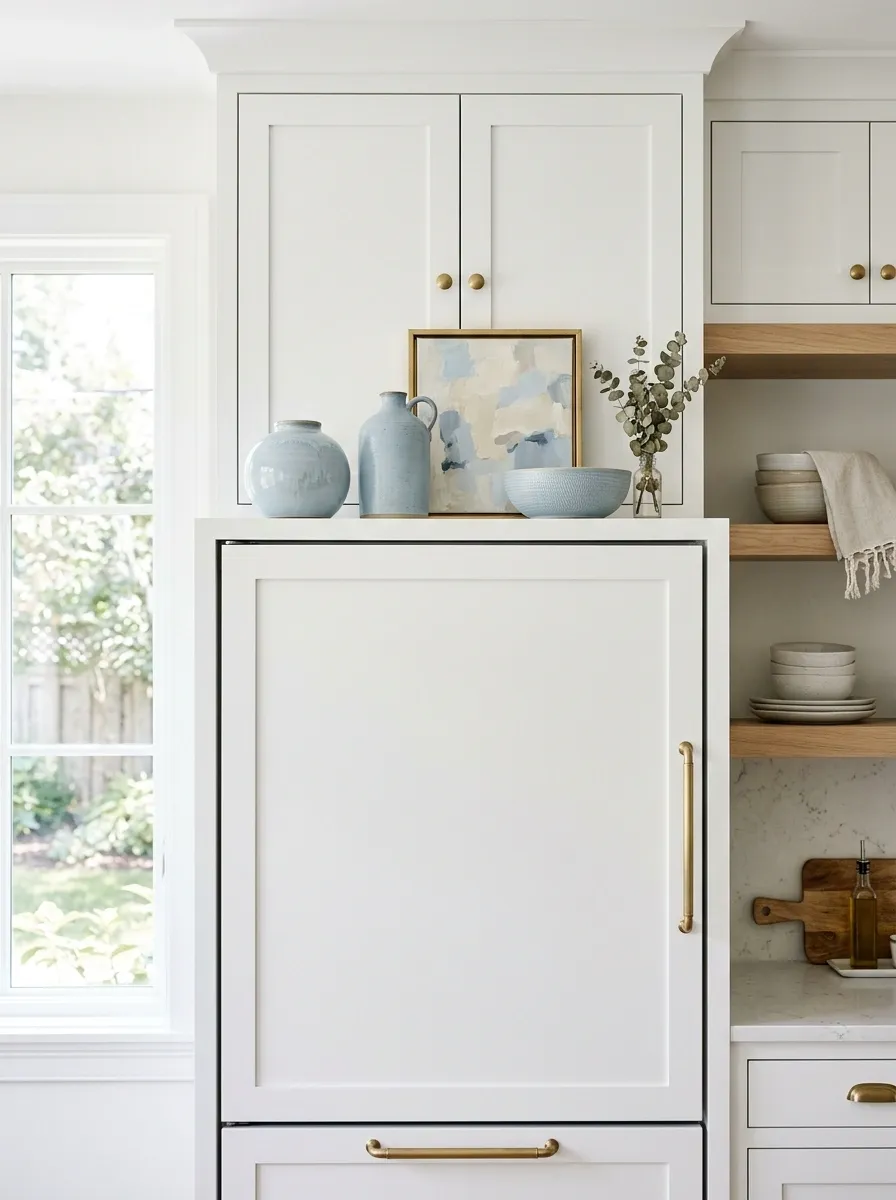 White Refrigerator With Soft Blue Pottery and Matching Artwork
