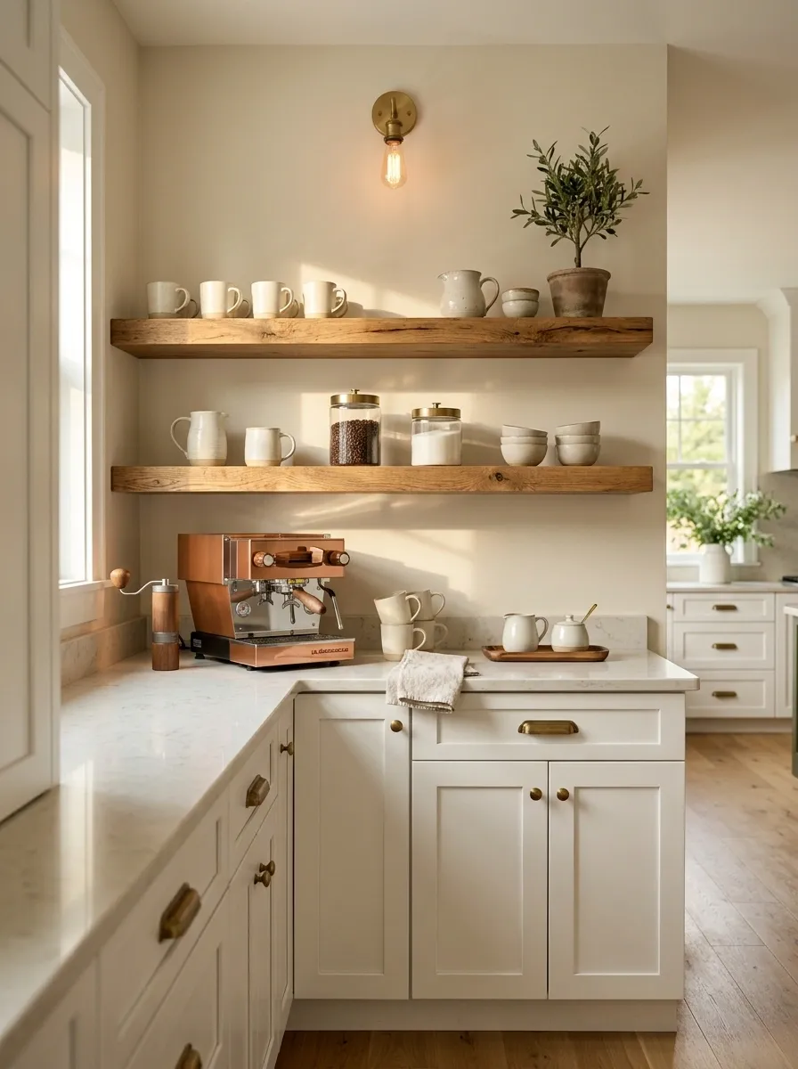 White Shaker Coffee Bar With Reclaimed Oak Shelves