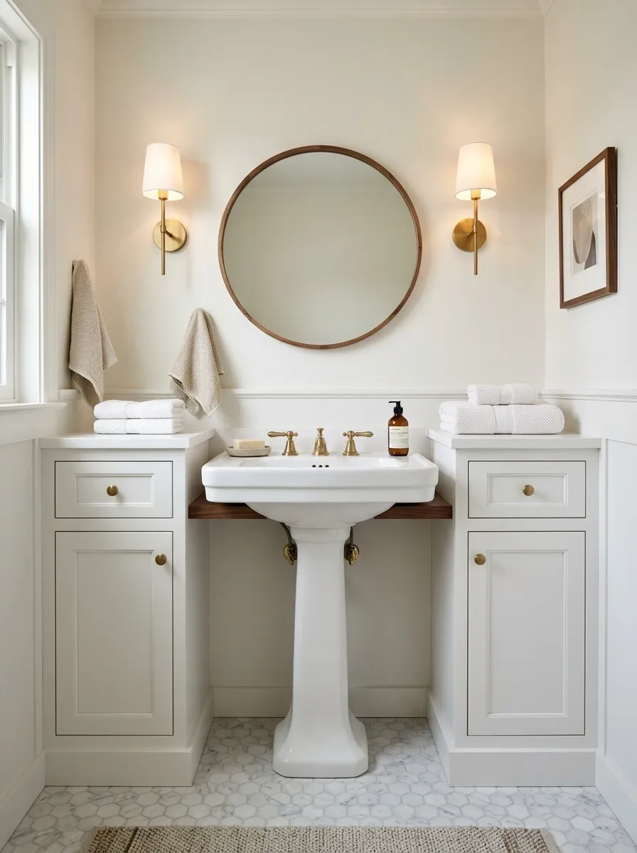 White Storage Surround With a Walnut Bridge Shelf
