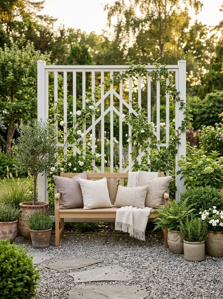 White Trellis With Soft Flowering Climbers