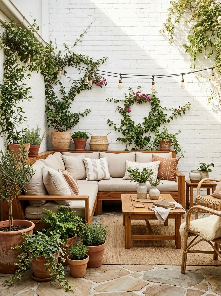 Whitewashed Brick and Warm Wood Patio