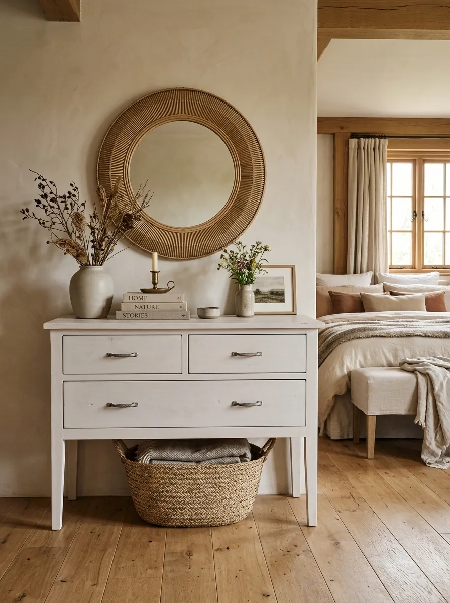 Whitewashed Dresser With a Woven Mirror and Rustic Linen Layers