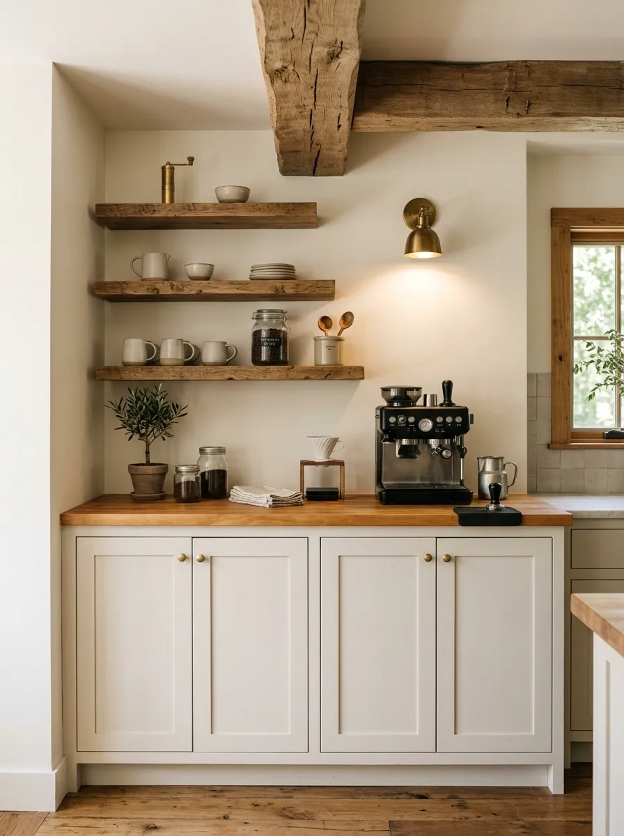 Whitewashed Rustic Coffee Bar With Exposed Wood Beam