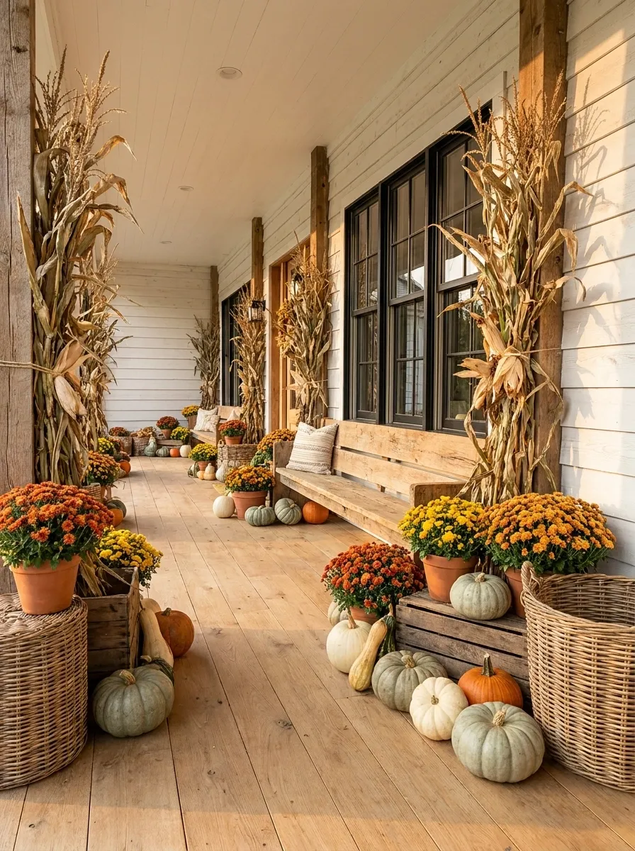 Wide Farmhouse Porch With Corn Stalks and Long Harvest Layers